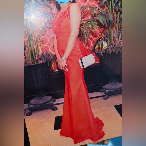 Ruby Red Minimal Glitter Sparkle Sequin Open Back Prom evening dress train gown - Picture 8 of 8